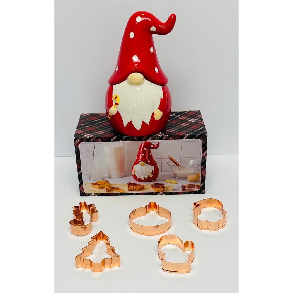 CWC Cook With Color Red White 6 Piece Holiday Gnome Cookie Jar & Cutter Set New